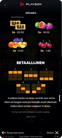Paytable met Wild en fruitsymbolen Coin Strike